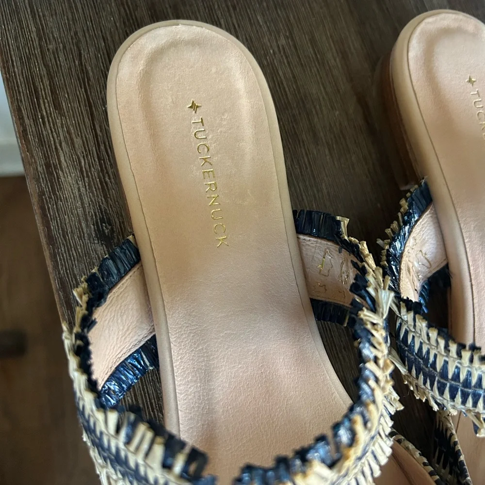 TUCKERNUCK SHOES Women Midnight Raffia Cara Mules Pointed Toe Striped Handmade